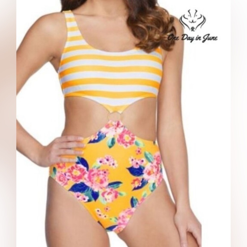 Arizona yellow and Floral Striped One Piece Swimsuit